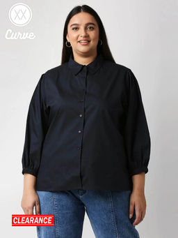 Twenty Dresses by Nykaa Fashion - Curve Navy Blue Solid Collar Neck High Low Top