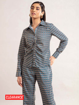 Twenty Dresses by Nykaa Fashion - Blue Printed Ruched Full Sleeves Shirt