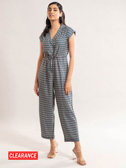 Twenty Dresses by Nykaa Fashion - Blue Printed Notched Lapel Jumpsuit