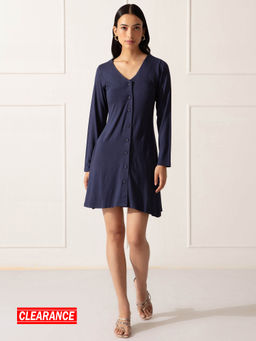 Twenty Dresses by Nykaa Fashion - Basics Blue Solid V Neck Mini Dress
