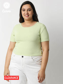 Twenty Dresses by Nykaa Fashion - Curve Green Solid Round Neck Cropped Basics T Shirt