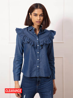 Twenty Dresses by Nykaa Fashion - Dark Blue Solid Collar Neck Frill Shirt