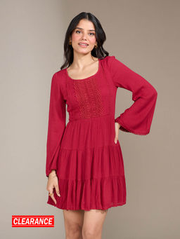 Twenty Dresses by Nykaa Fashion - Maroon Solid Round Neck Mini Dress