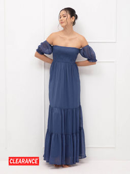Twenty Dresses by Nykaa Fashion - Blue Solid Off Shoulder Maxi Dress