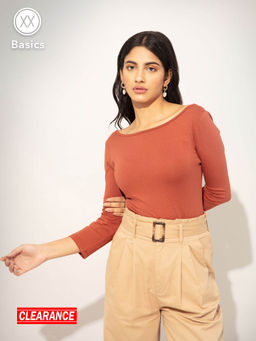 Twenty Dresses by Nykaa Fashion - Basics Brown Solid Boat Neck Bodysuit