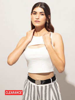 Twenty Dresses by Nykaa Fashion - Basics White Ribbed Cutout Crop Tshirt