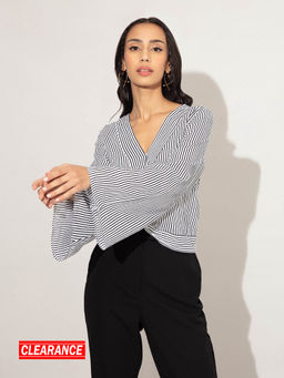 Twenty Dresses by Nykaa Fashion - Black And White Pin Striped V Neck Top