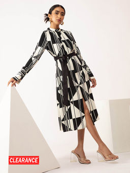 Twenty Dresses by Nykaa Fashion - Work Black And White Geometric A Line Dress