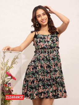 Twenty Dresses by Nykaa Fashion - Black Multicolor Tiered Braided Tie Up Short Dress