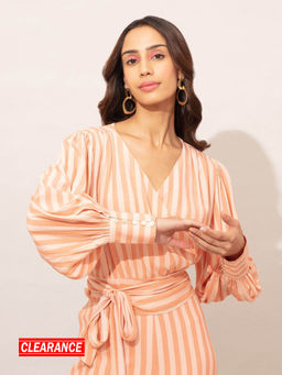 Twenty Dresses by Nykaa Fashion - Coral And Peach Striped V Neck Crop Top