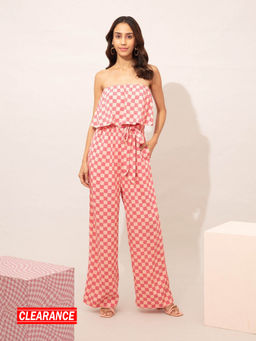 Twenty Dresses by Nykaa Fashion - Pink Checks Wide Leg Tube Jumpsuit with Belt