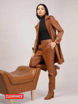Twenty Dresses by Nykaa Fashion - Brown Solid Knee Length Faux Leather Overcoat With Belt