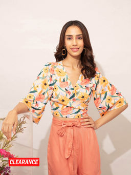 Twenty Dresses by Nykaa Fashion - Multicolor Floral Printed V Neck Bell Sleeves Crop Top