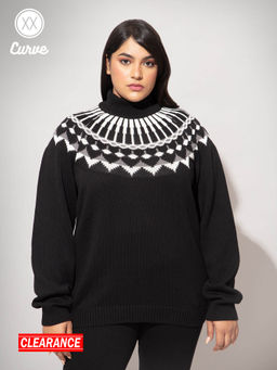 Twenty Dresses by Nykaa Fashion - Curve Black Geometric Jacquard Turtle Neck Sweater