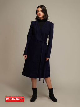 Twenty Dresses by Nykaa Fashion - Navy Blue Asymmetric V Neck Overcoat With Belt