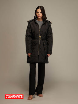 Twenty Dresses by Nykaa Fashion - Black Quilted Fur Puffer Jacket With Belt