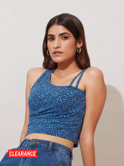 Twenty Dresses by Nykaa Fashion - Blue And Black Animal Print Asymmetrical Crop T-shirt