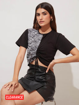 Twenty Dresses by Nykaa Fashion - Black And White Animal Printed Crop T-shirt