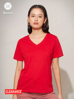 Twenty Dresses by Nykaa Fashion - Basics Red Solid V Neck T-shirt