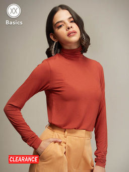 Twenty Dresses by Nykaa Fashion - Basics Brown Solid High Neck T-shirt