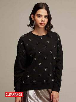 Twenty Dresses by Nykaa Fashion - Black Oversized Hearts Sequins Sweatshirt