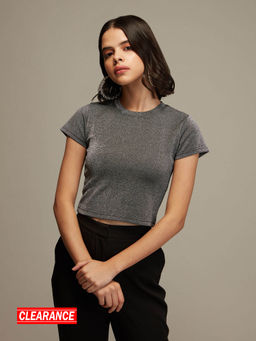 Twenty Dresses by Nykaa Fashion - Black Shimmer Crop T-shirt