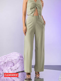 Twenty Dresses by Nykaa Fashion - Light Green Solid Side Slit Flared Pants