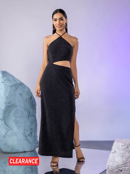 Twenty Dresses by Nykaa Fashion - Black Shimmer Halter Neck Sheath Maxi Dress