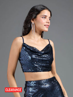 Twenty Dresses by Nykaa Fashion - Navy Blue Sequin Cowl Neck Crop Top