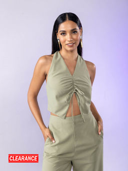 Twenty Dresses by Nykaa Fashion - Green Shimmer Halter Neck Crop Top