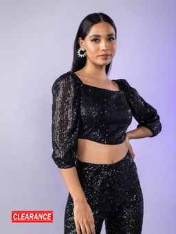 Twenty Dresses by Nykaa Fashion - Black Sequin Square Neck Short Top