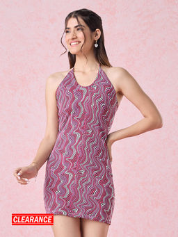 Twenty Dresses by Nykaa Fashion - Pink And White Stripes Halter Neck Short Dress