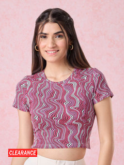 Twenty Dresses by Nykaa Fashion - Pink Round Neck Striped Crop T-shirt