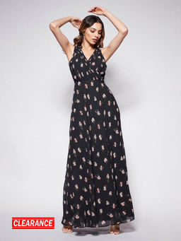 Twenty Dresses by Nykaa Fashion - Black And Multicolor Floral Fit And Flare Maxi Dress