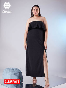 Twenty Dresses by Nykaa Fashion - Curve Black Tube Neck Ruffle Layered Shimmer Gown