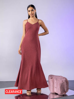Twenty Dresses by Nykaa Fashion - Garnet Pink V Neck Strappy Godet Shimmer Gown
