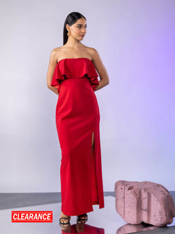 Twenty Dresses by Nykaa Fashion - Red Tube Neck Ruffle Layered Gown