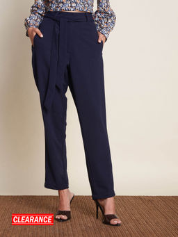 Twenty Dresses by Nykaa Fashion - Work Navy Blue Solid Tie Up Tapered Pants (Set of 2)