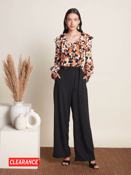 Twenty Dresses by Nykaa Fashion - Work Black And Rust Floral Printed Ruffled Top