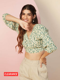 Twenty Dresses by Nykaa Fashion - Green Floral Printed V Neck Crop Top