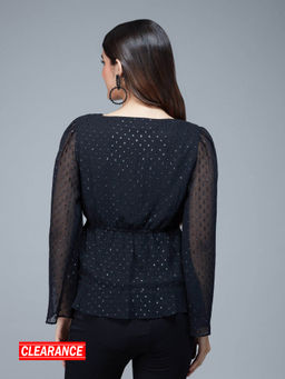 Twenty Dresses by Nykaa Fashion - Black Textured V Neck Ruffled Hem Top