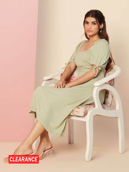 Twenty Dresses by Nykaa Fashion - Light Green Solid Wide Square Neck Fit And Flare Midi Dress