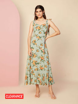 Twenty Dresses by Nykaa Fashion - Green Floral Printed Fit And Flare Strappy Midi Dress