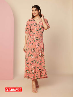 Twenty Dresses by Nykaa Fashion - Pink Floral Printed V Neck Fit And Flare Midi Wrap Dress