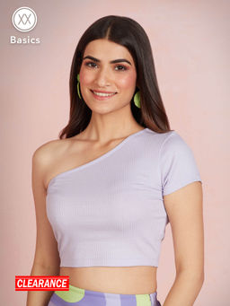 Twenty Dresses by Nykaa Fashion - Basics Lilac Solid Ribbed One Shoulder Sleeve Tshirt