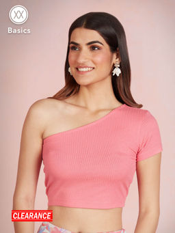 Twenty Dresses by Nykaa Fashion - Basics Light Pink Solid Ribbed One Shoulder Sleeve Tshirt