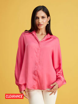 Twenty Dresses by Nykaa Fashion - Candy Pink Dolman Sleeves Solid Satin Shirt