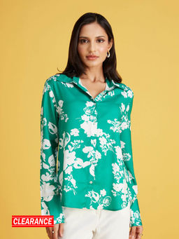 Twenty Dresses by Nykaa Fashion - Green And White Floral Print Satin Shirt