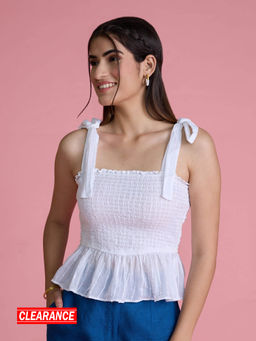 Twenty Dresses by Nykaa Fashion - White Solid Tie Up Short Peplum Top