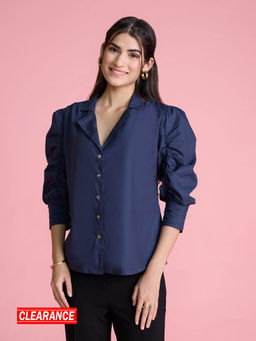 Twenty Dresses by Nykaa Fashion - Blue Solid Ruched Puffed Sleeve Shirt